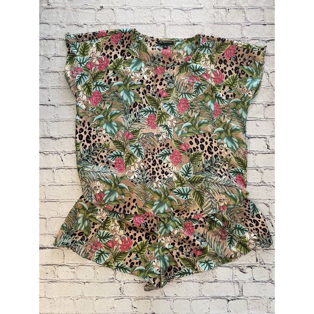 INC Women' s 3 Piece Top & 2 Shorts Pajama Set Tropical‎ and Deep Black Size XL